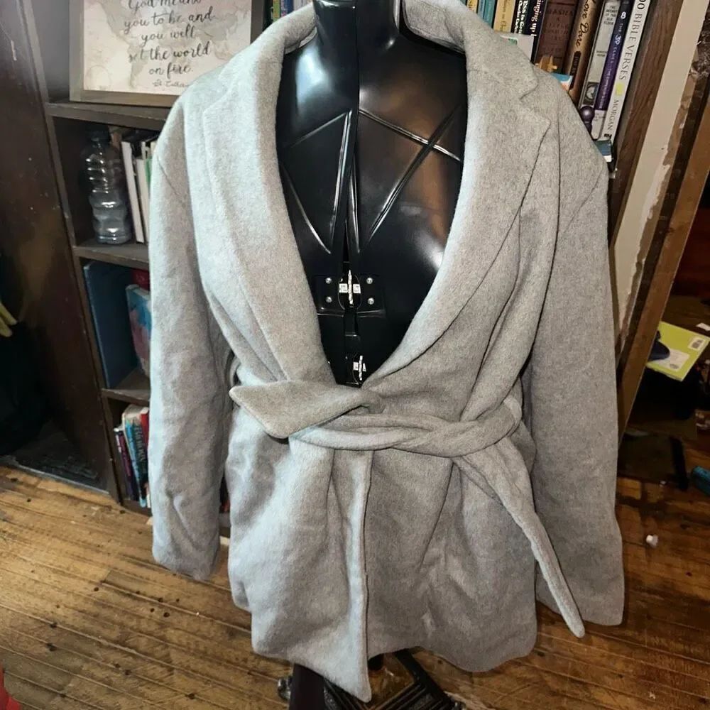 Gap gray recycled wool blend tie L tall elevated basics coat